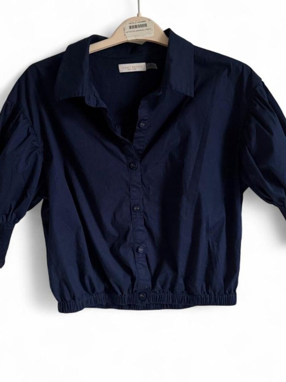 Ramy Brook Navy blue cropped button-up blouse with puffed sleeves, size large
